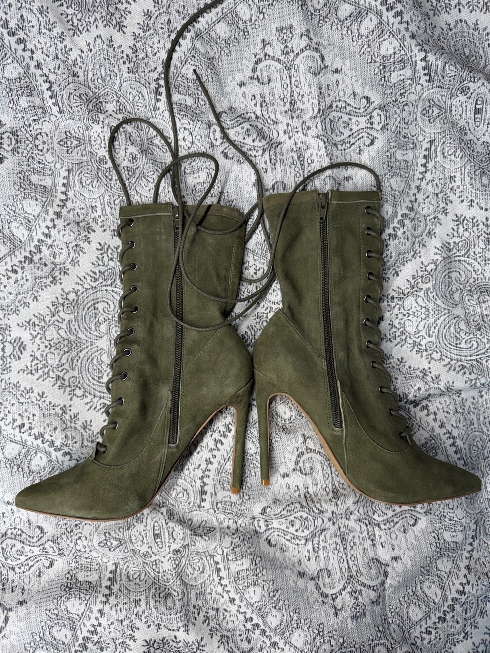 Olive Green Steve Madden Lace-Up Stiletto Ankle Boots - Size 8.5